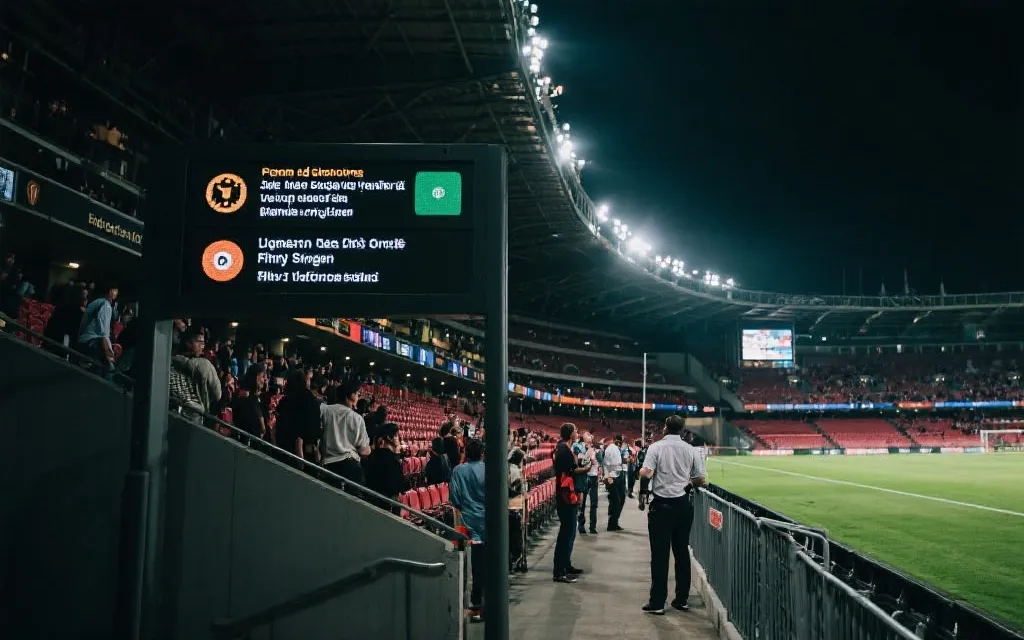 球场看台秩序维护场景，工作人员在通道引导人流，信息屏显示多语提示