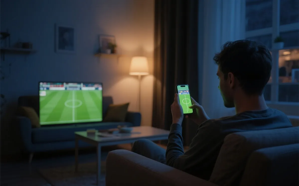 手机观看世界杯直播的夜晚场景：客厅沙发、手机屏幕发光、旁边有遥控器与耳机，氛围感