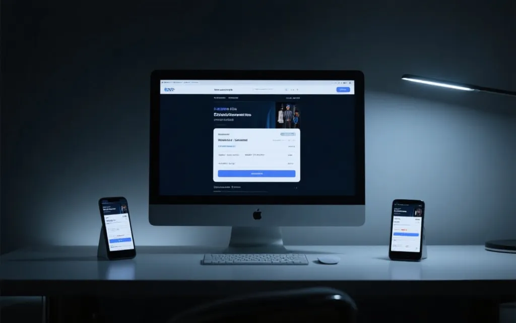 世界杯门票抢购时的电脑与手机双设备操作场景，极简风教程视觉