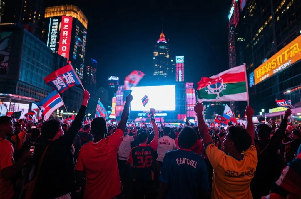 夜晚城市广场上的球迷举旗欢呼，霓虹与屏幕光交织，呈现跨城应援氛围